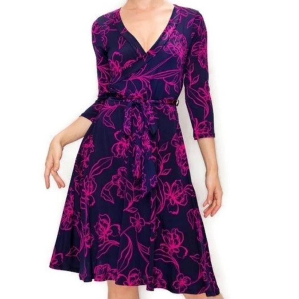 Janette Fashion Navy Fuchsia Stencil Floral Faux Wrap Knee Length Dress